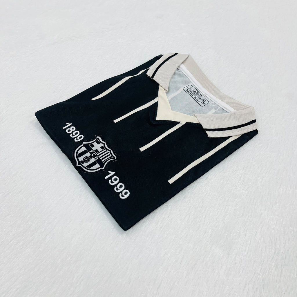 FC Barcelona Vintage/Fantasy 1899–1999 Centenary-style black and white pinstripe polo jersey Messi Embroidery Premium Quality kit