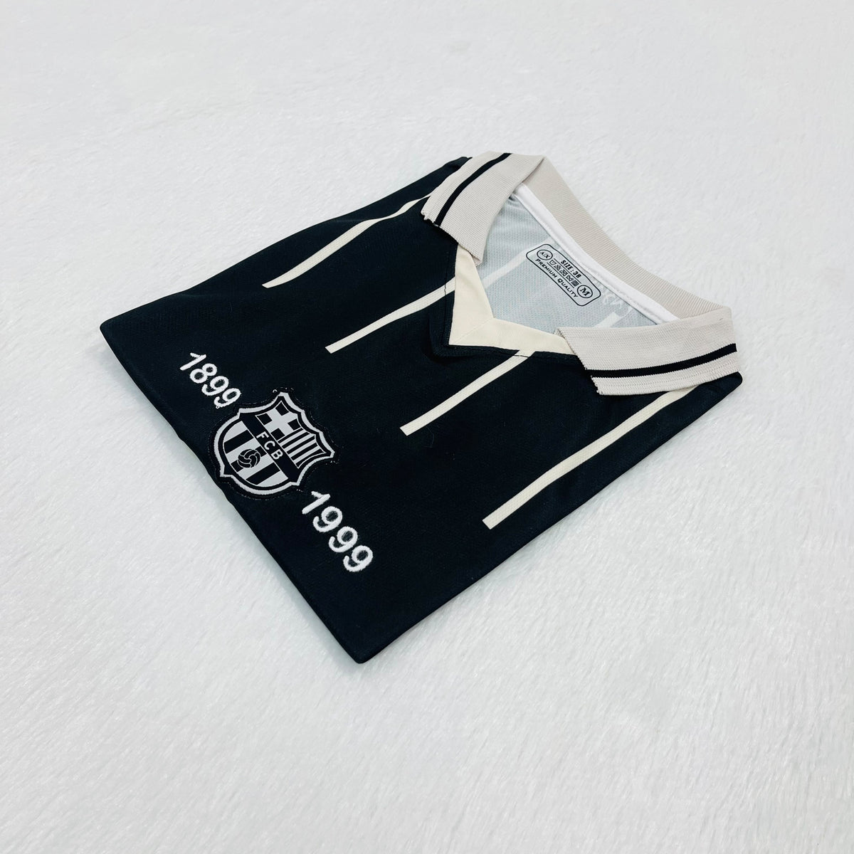 FC Barcelona Vintage/Fantasy 1899–1999 Centenary-style black and white pinstripe polo jersey Messi Embroidery Premium Quality kit
