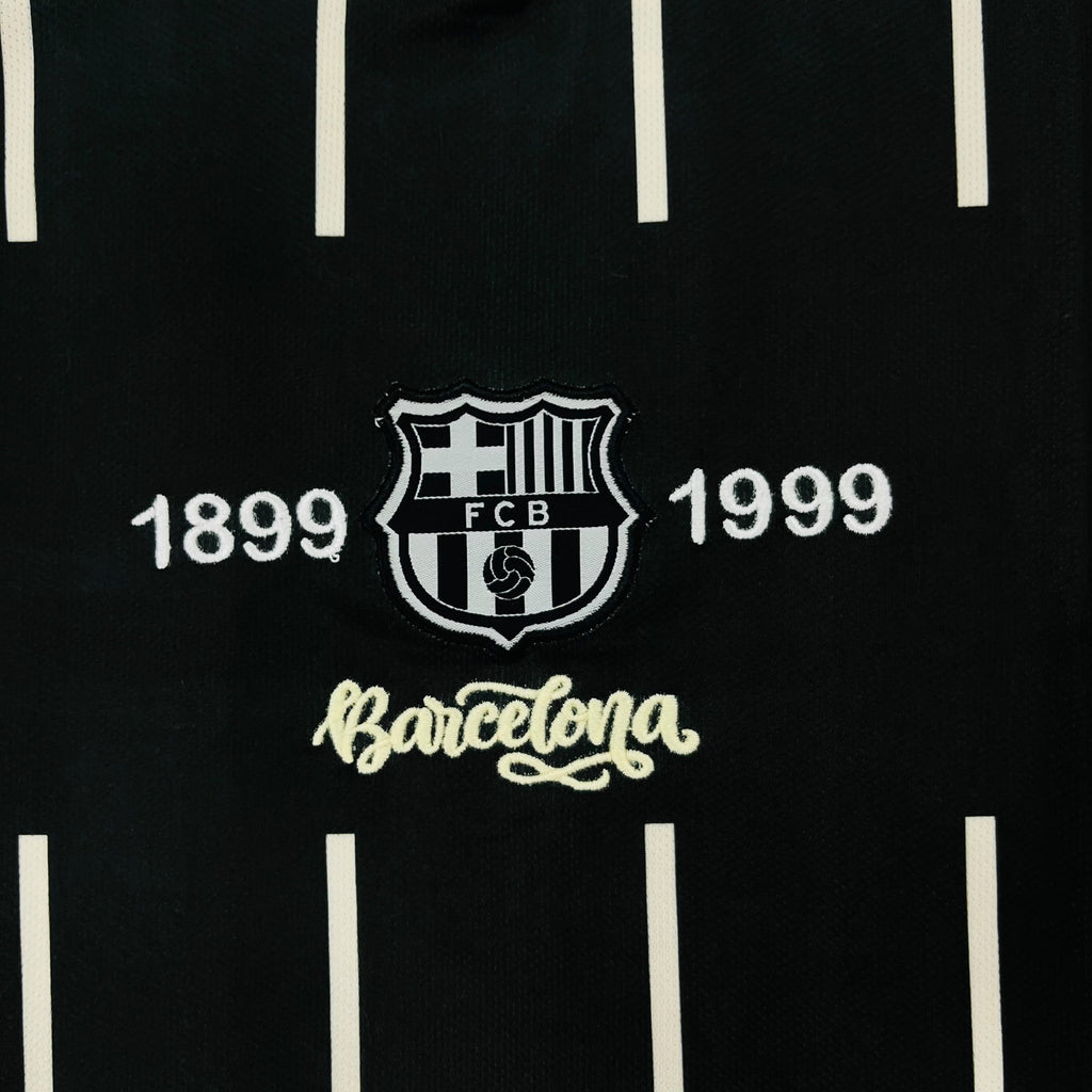 FC Barcelona Vintage/Fantasy 1899–1999 Centenary-style black and white pinstripe polo jersey Messi Embroidery Premium Quality kit