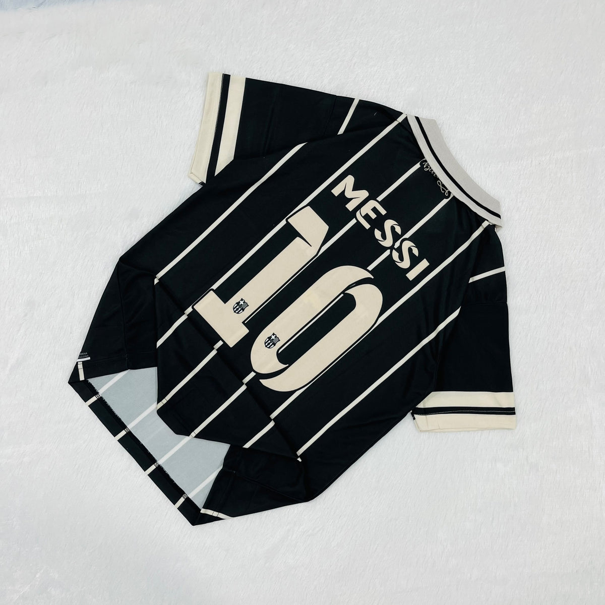FC Barcelona Vintage/Fantasy 1899–1999 Centenary-style black and white pinstripe polo jersey Messi Embroidery Premium Quality kit
